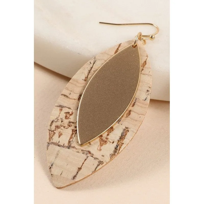 Leaf Shape Cork Metal Dangling Earrings