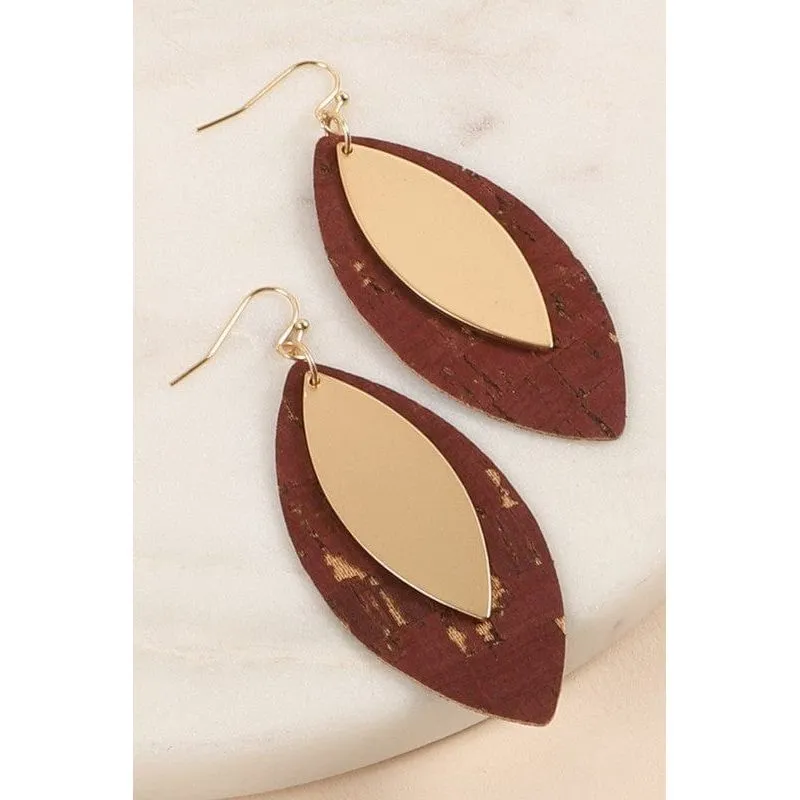 Leaf Shape Cork Metal Dangling Earrings