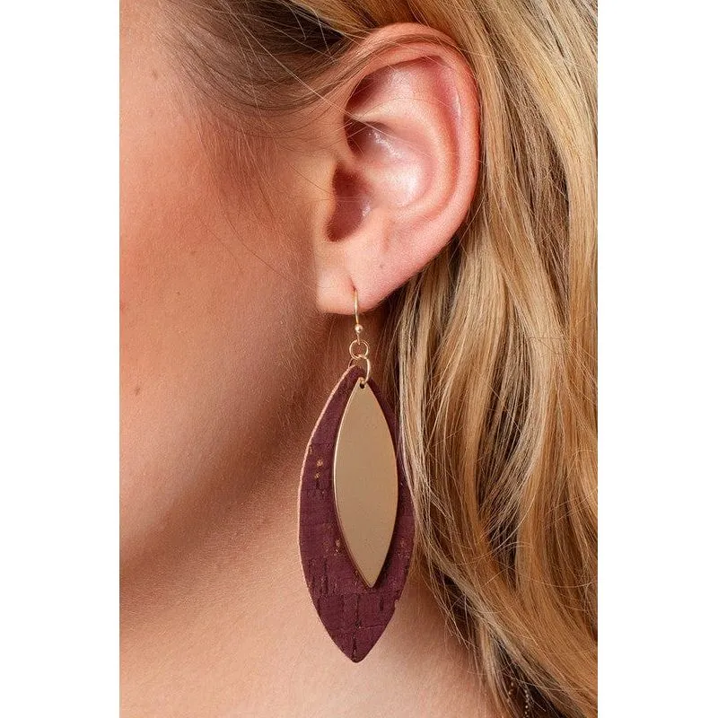 Leaf Shape Cork Metal Dangling Earrings