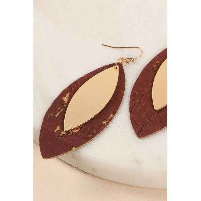 Leaf Shape Cork Metal Dangling Earrings