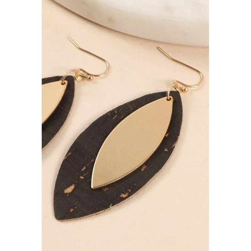Leaf Shape Cork Metal Dangling Earrings