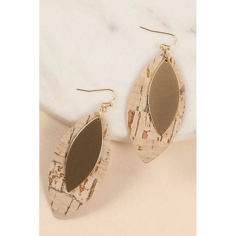 Leaf Shape Cork Metal Dangling Earrings
