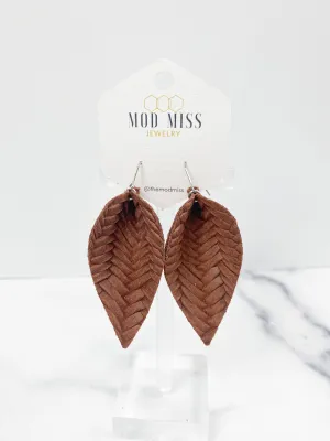 Leather Petal Earring "Weaved Brown": 2 inch