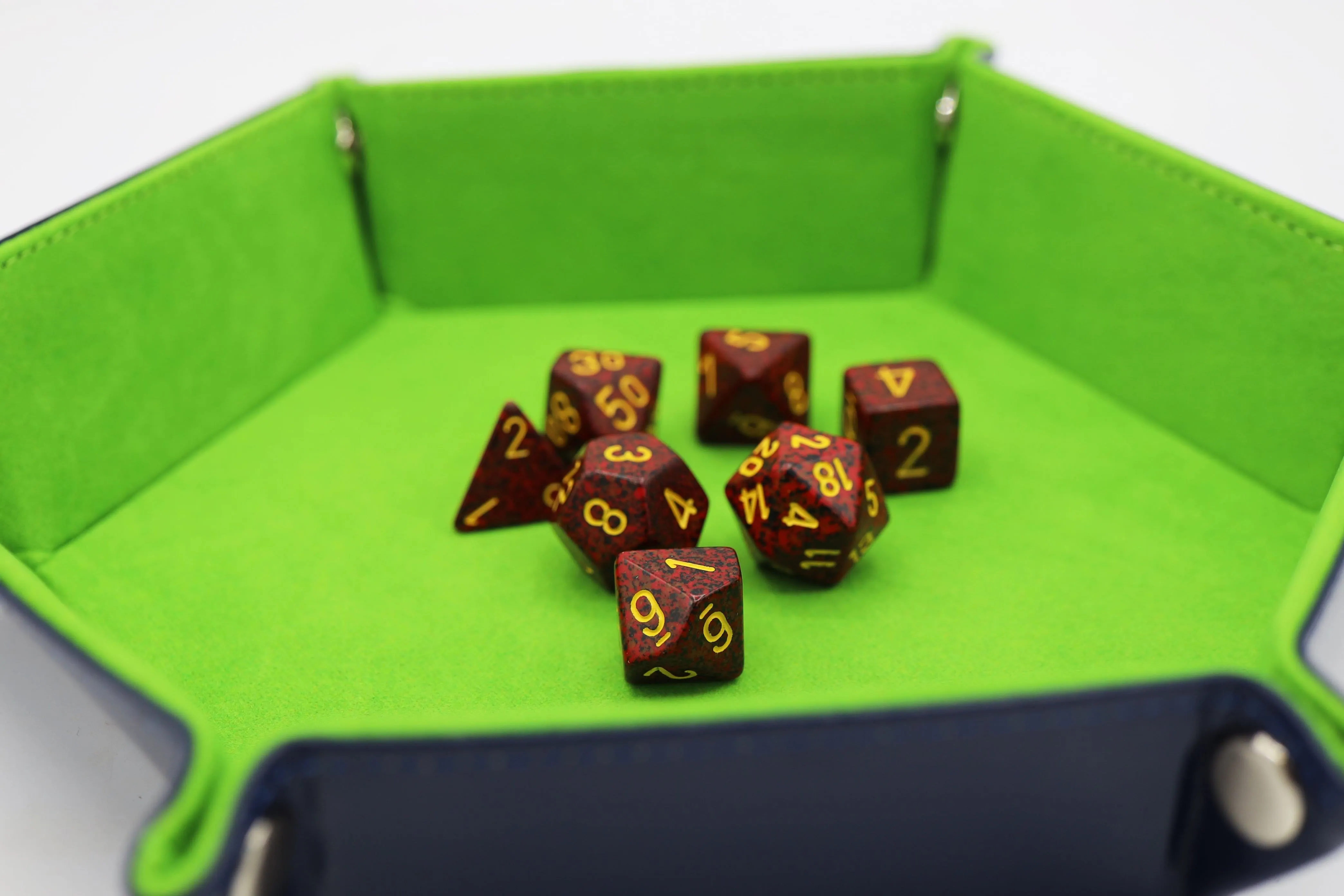 Leatherette & Velvet Hex Dice Tray (Navy with Lime)
