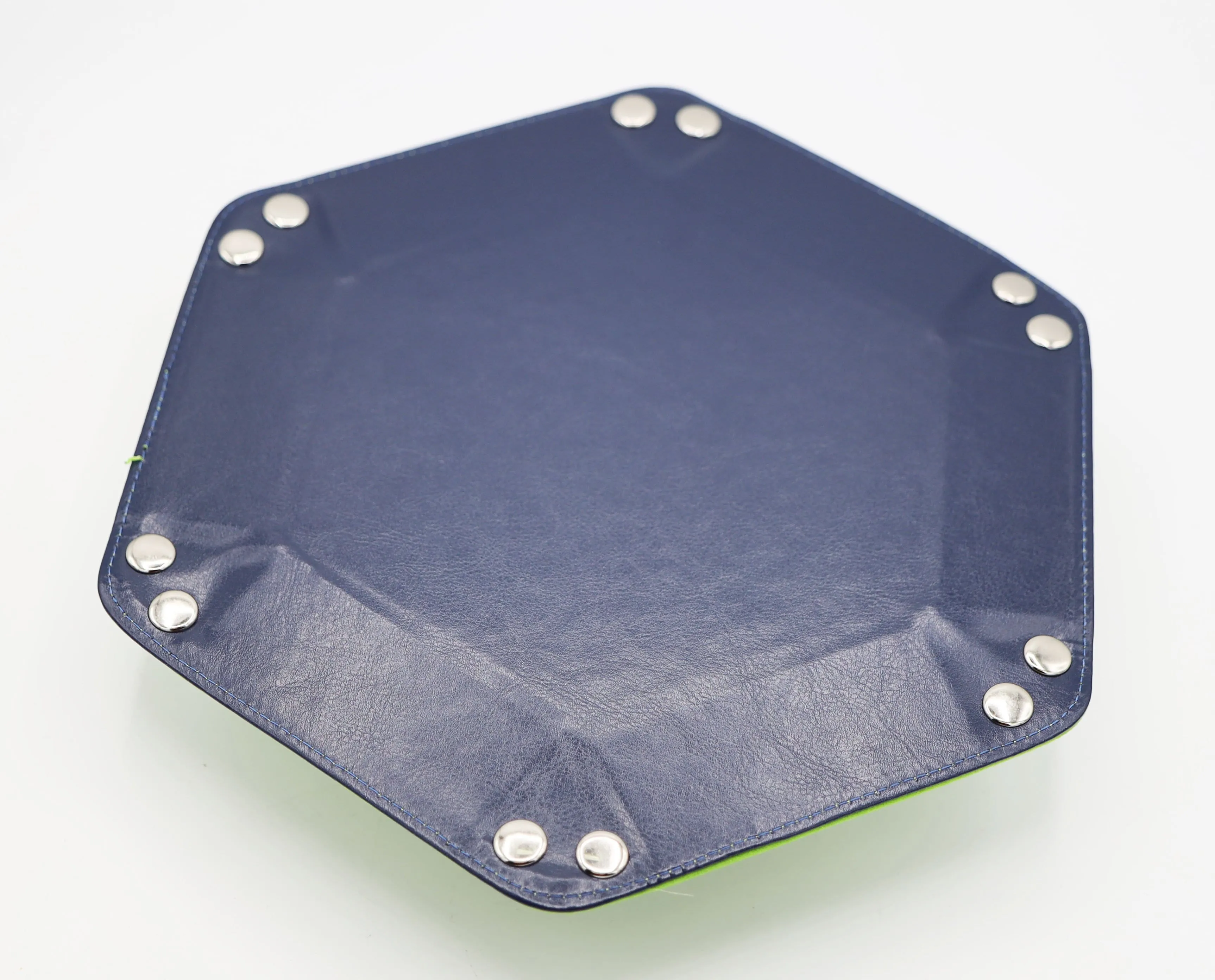 Leatherette & Velvet Hex Dice Tray (Navy with Lime)