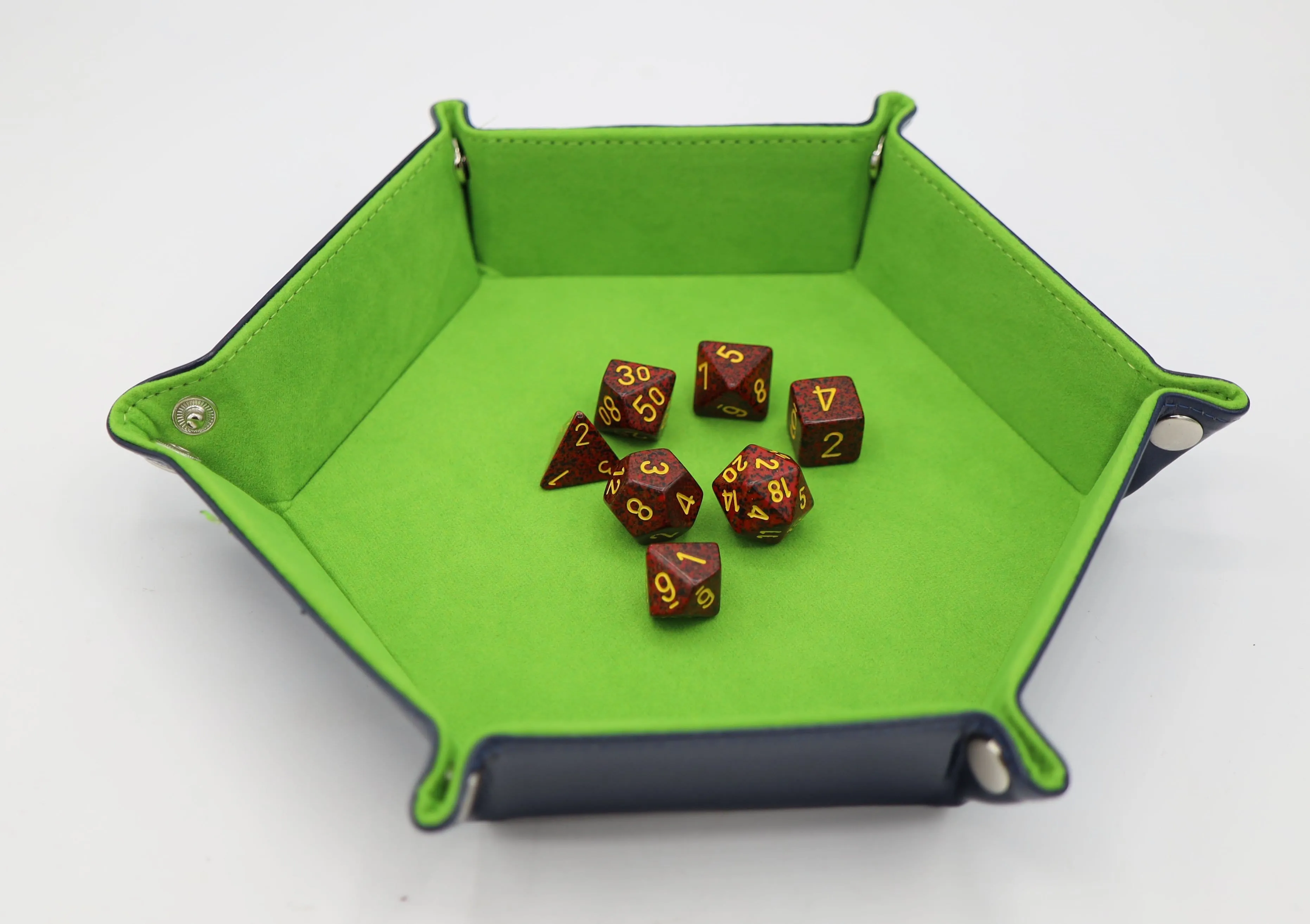 Leatherette & Velvet Hex Dice Tray (Navy with Lime)