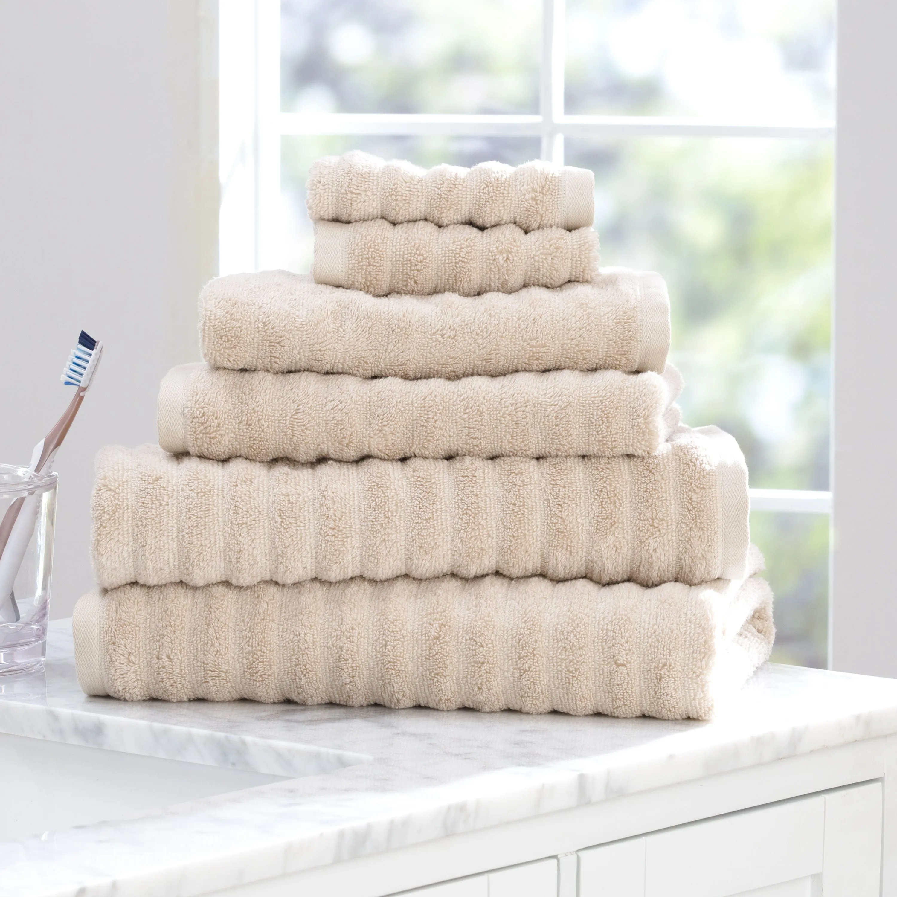 Mainstays Performance Anti-Microbial Textured 6 Piece Towel Set, Papyrus Beige