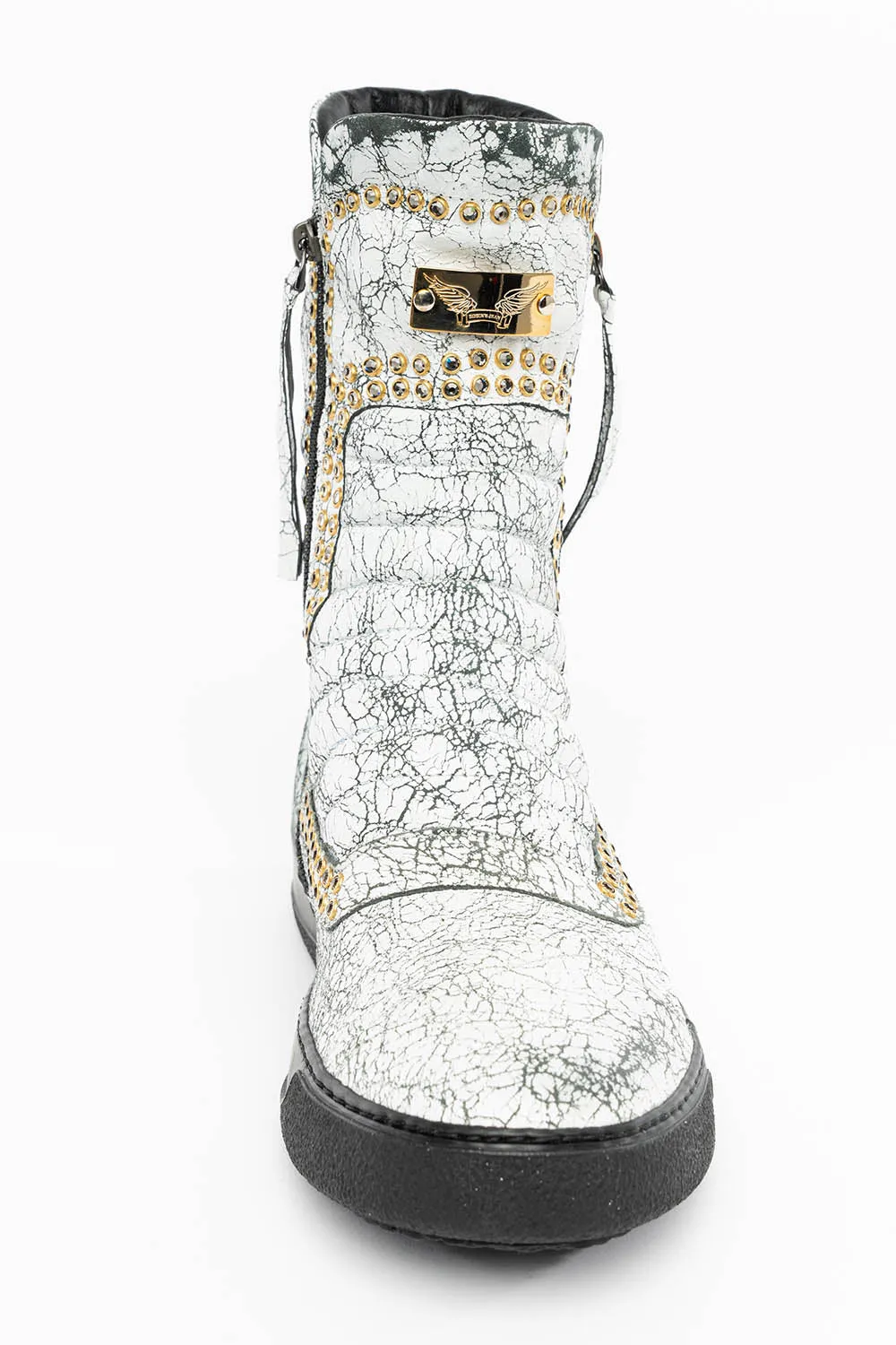 MENS HIGH TOP BIKER SHOES IN CRACKLED WHITE LEATHER WITH CRYSTAL EMBELLISHMENT DEFINITION