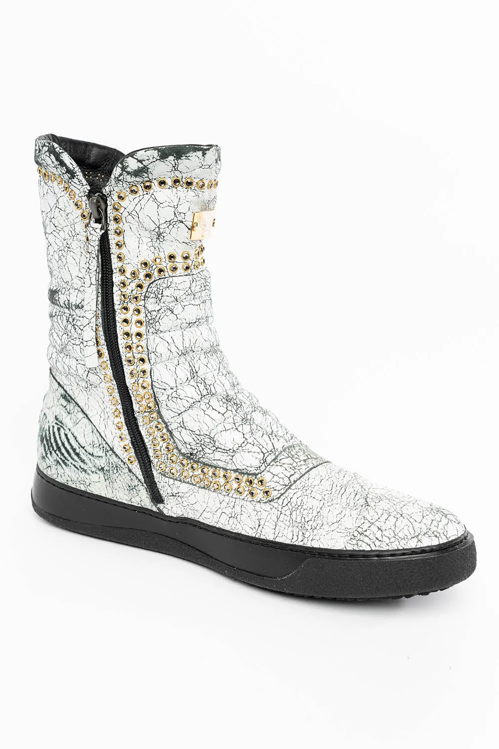 MENS HIGH TOP BIKER SHOES IN CRACKLED WHITE LEATHER WITH CRYSTAL EMBELLISHMENT DEFINITION