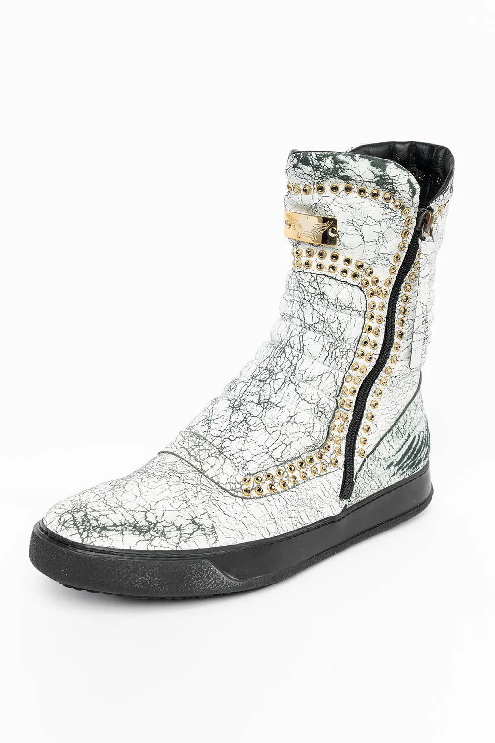 MENS HIGH TOP BIKER SHOES IN CRACKLED WHITE LEATHER WITH CRYSTAL EMBELLISHMENT DEFINITION