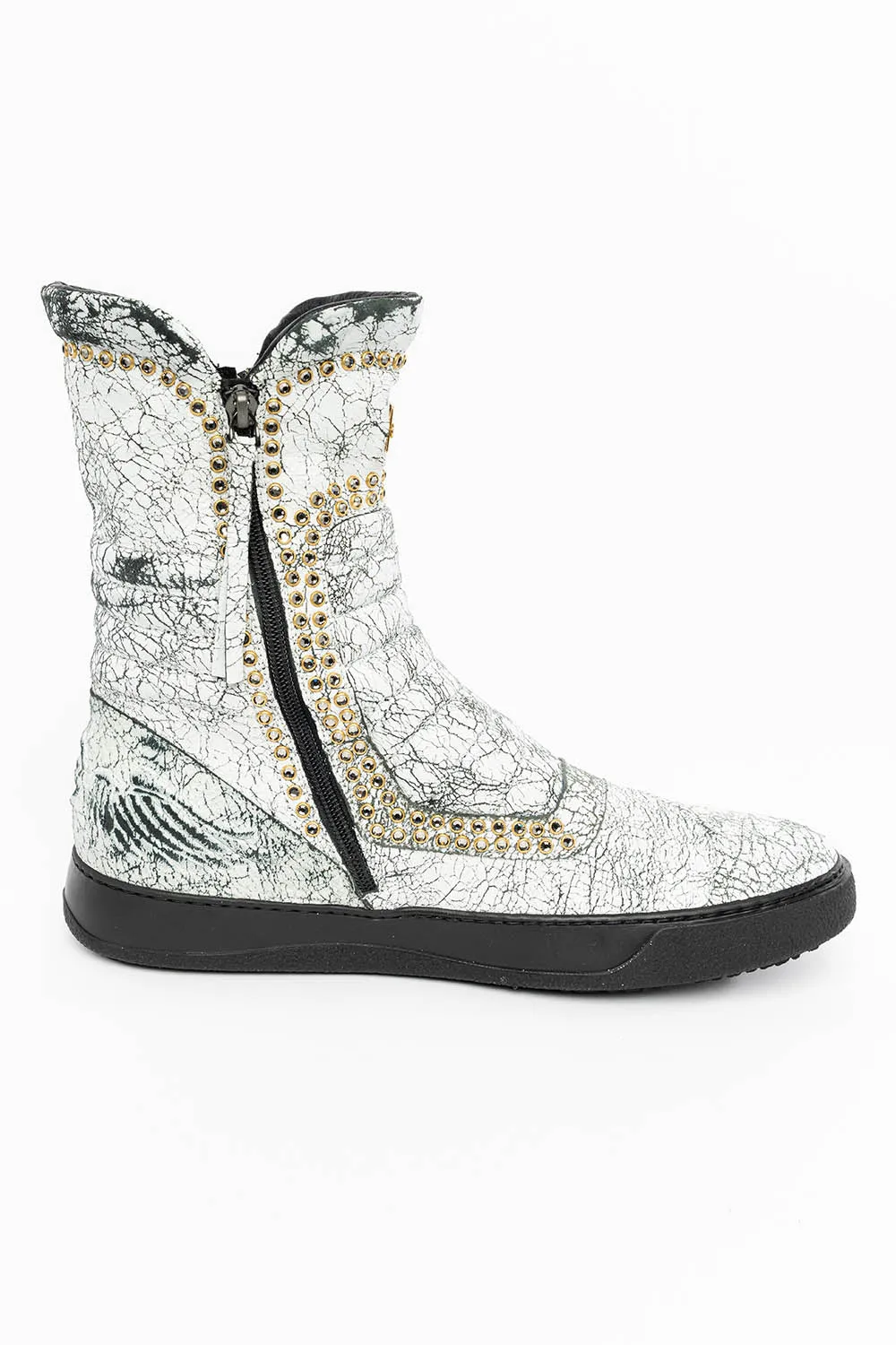 MENS HIGH TOP BIKER SHOES IN CRACKLED WHITE LEATHER WITH CRYSTAL EMBELLISHMENT DEFINITION