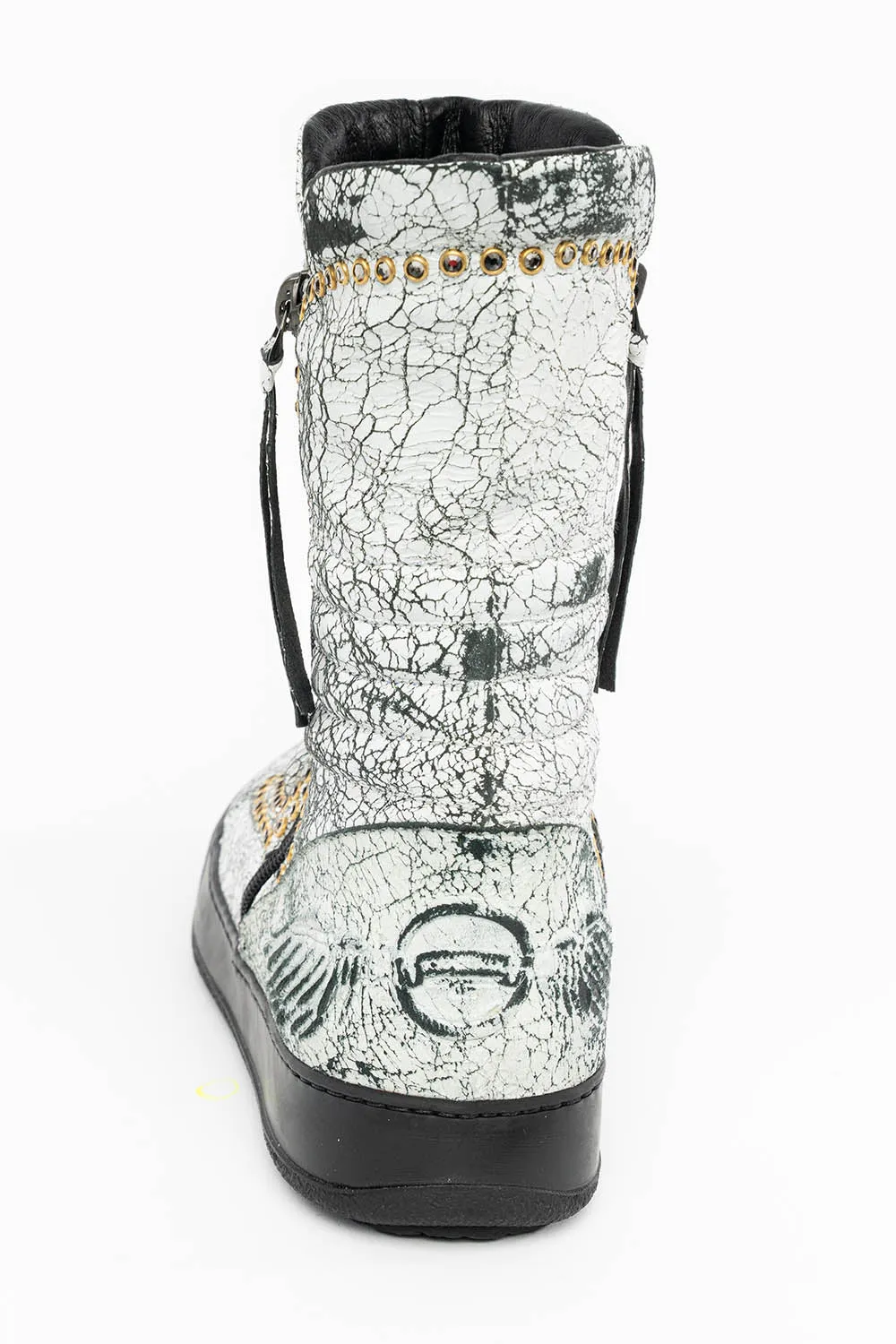 MENS HIGH TOP BIKER SHOES IN CRACKLED WHITE LEATHER WITH CRYSTAL EMBELLISHMENT DEFINITION