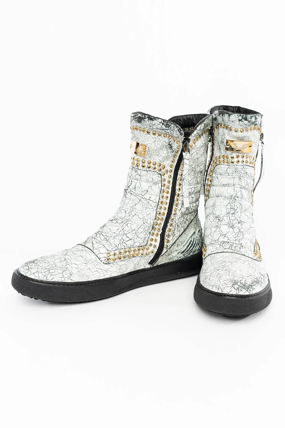 MENS HIGH TOP BIKER SHOES IN CRACKLED WHITE LEATHER WITH CRYSTAL EMBELLISHMENT DEFINITION