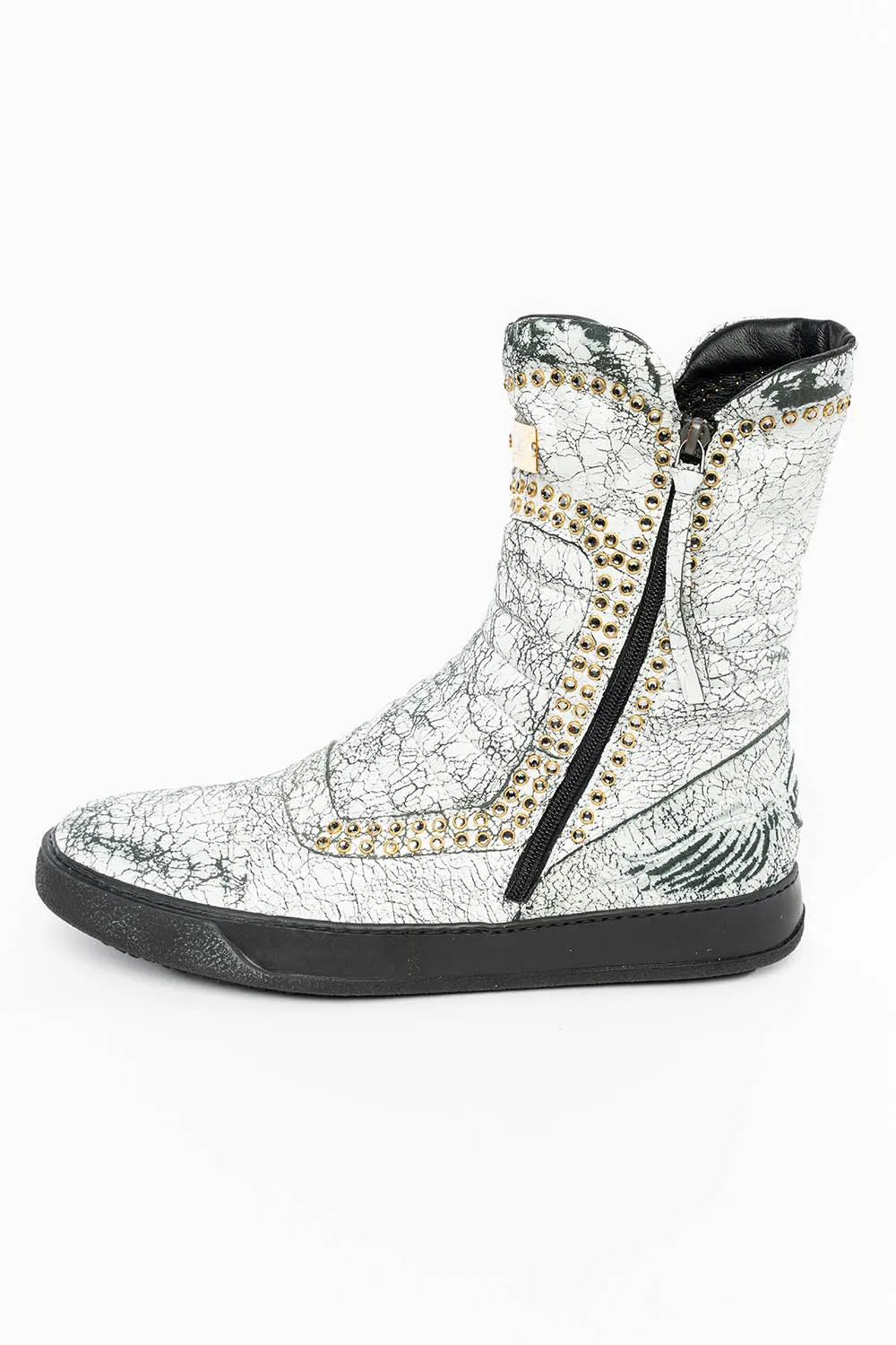 MENS HIGH TOP BIKER SHOES IN CRACKLED WHITE LEATHER WITH CRYSTAL EMBELLISHMENT DEFINITION
