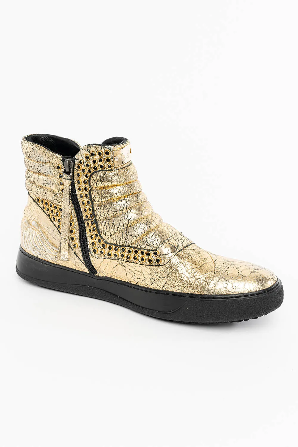 MENS MID TOP BIKER SHOES IN CRACKLED GOLD LEATHER WITH CRYSTAL EMBELLISHMENT
