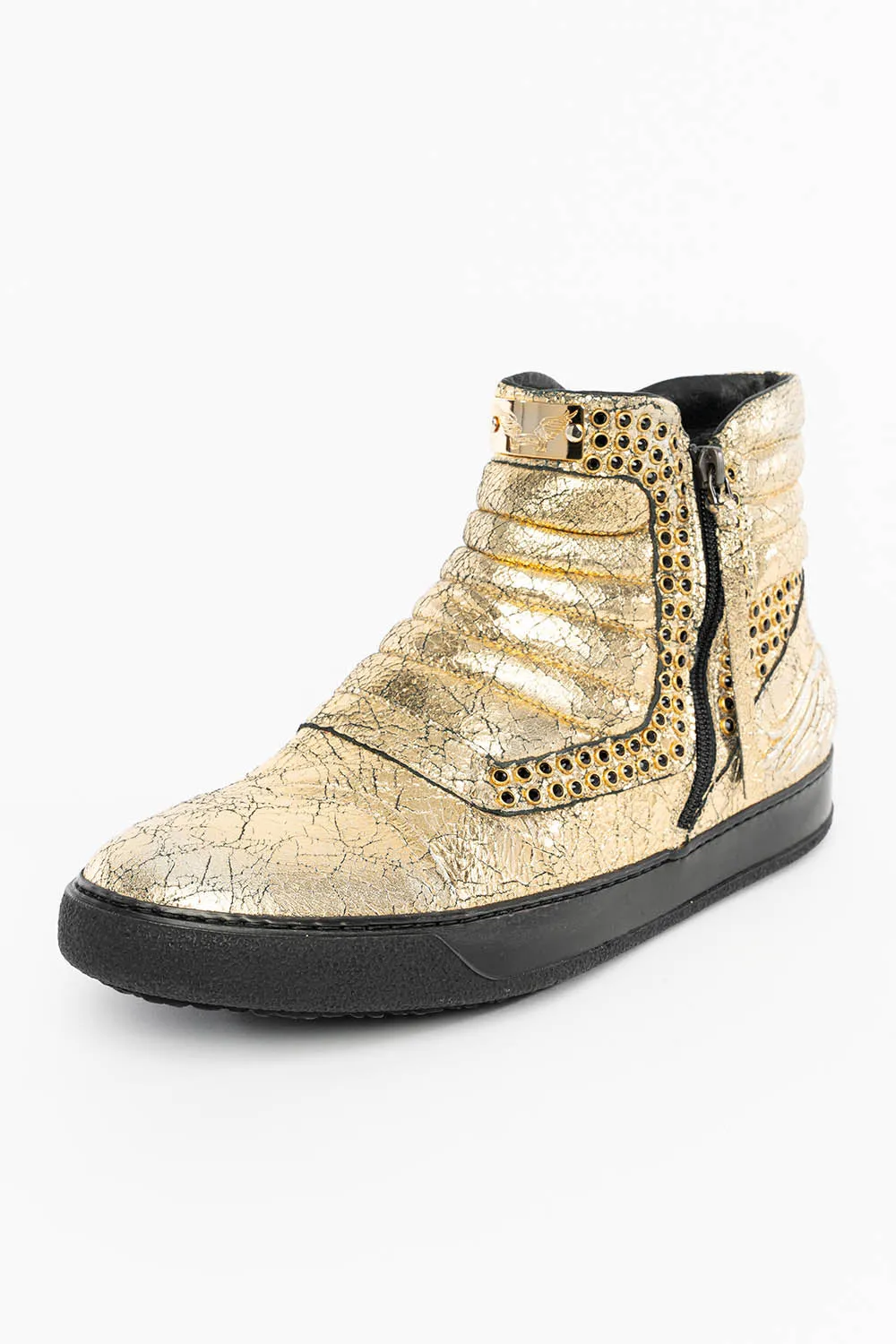 MENS MID TOP BIKER SHOES IN CRACKLED GOLD LEATHER WITH CRYSTAL EMBELLISHMENT