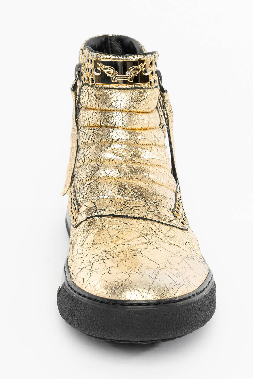 MENS MID TOP BIKER SHOES IN CRACKLED GOLD LEATHER WITH CRYSTAL EMBELLISHMENT
