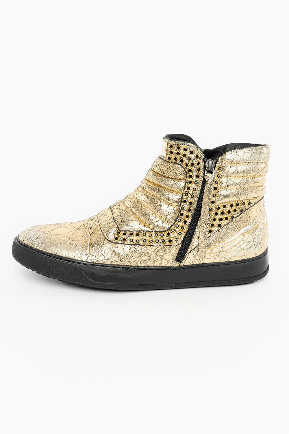 MENS MID TOP BIKER SHOES IN CRACKLED GOLD LEATHER WITH CRYSTAL EMBELLISHMENT