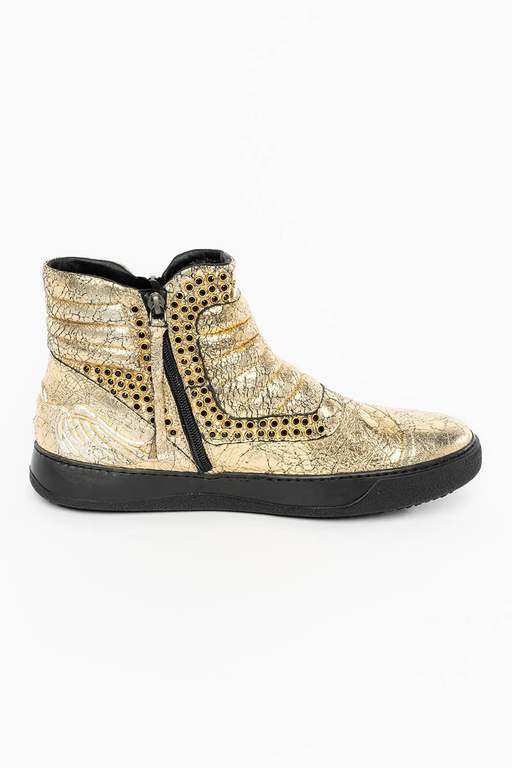 MENS MID TOP BIKER SHOES IN CRACKLED GOLD LEATHER WITH CRYSTAL EMBELLISHMENT