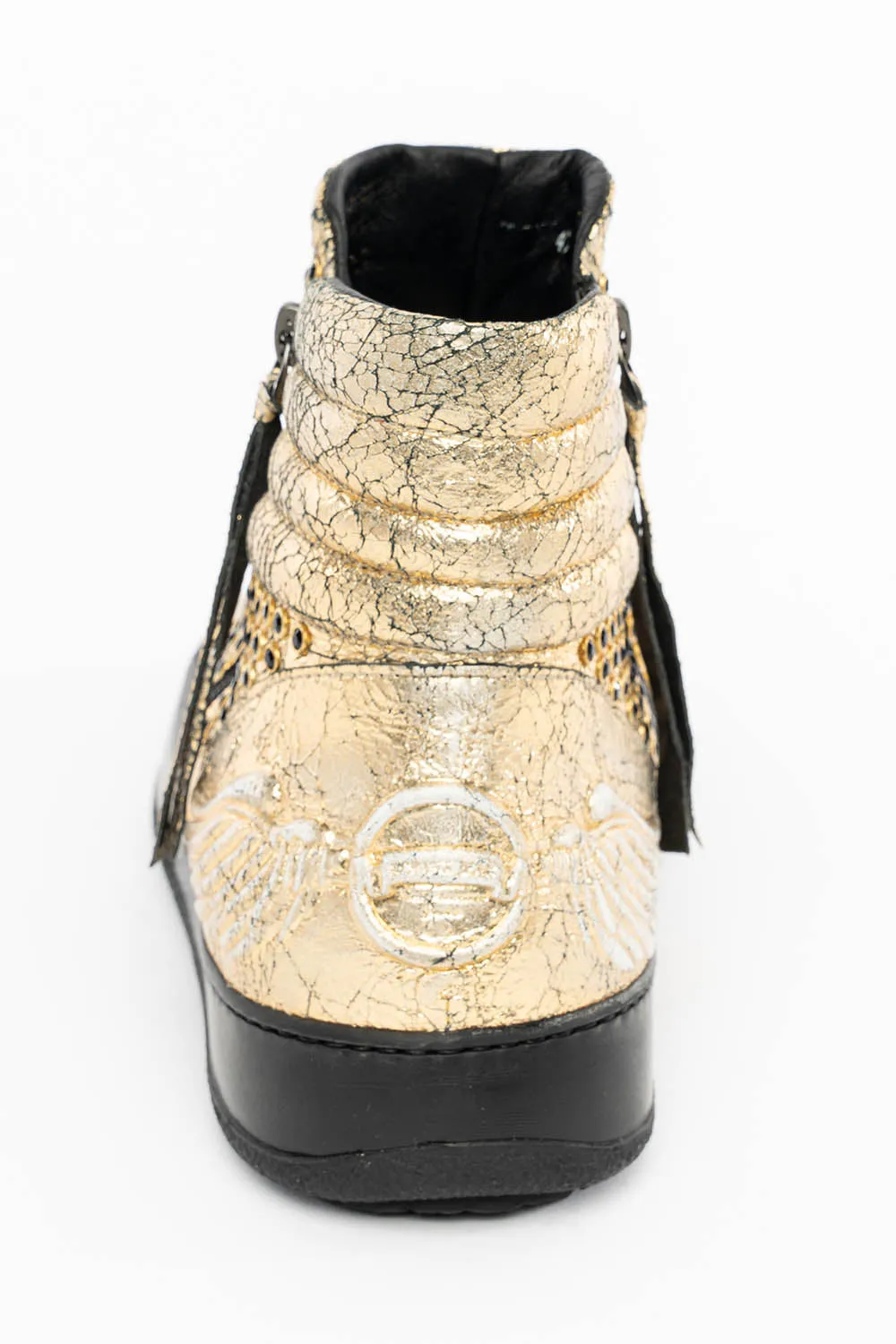 MENS MID TOP BIKER SHOES IN CRACKLED GOLD LEATHER WITH CRYSTAL EMBELLISHMENT