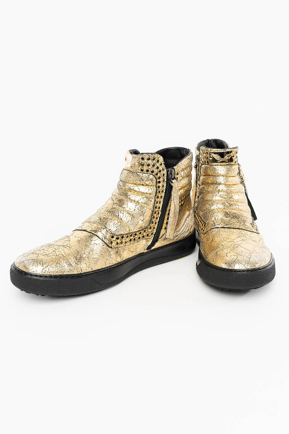 MENS MID TOP BIKER SHOES IN CRACKLED GOLD LEATHER WITH CRYSTAL EMBELLISHMENT