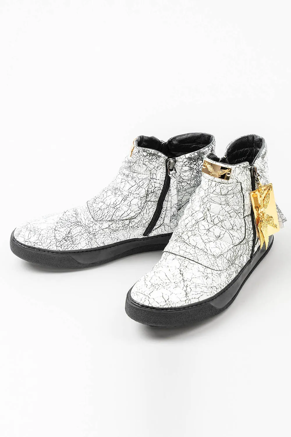 MENS MID TOP BIKER SHOES IN CRACKLED WHITE