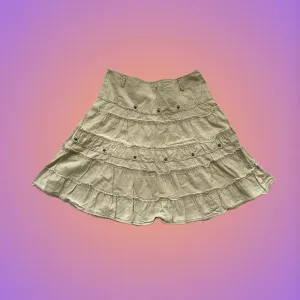 Midi Skirt L Cargo Tan Beige with Accent Metal Buttons &amp; Ruffle Y2K Retro