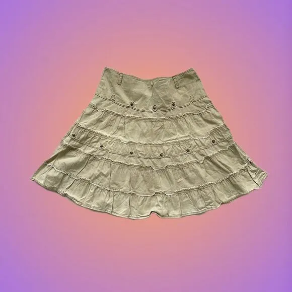 Midi Skirt L Cargo Tan Beige with Accent Metal Buttons &amp; Ruffle Y2K Retro