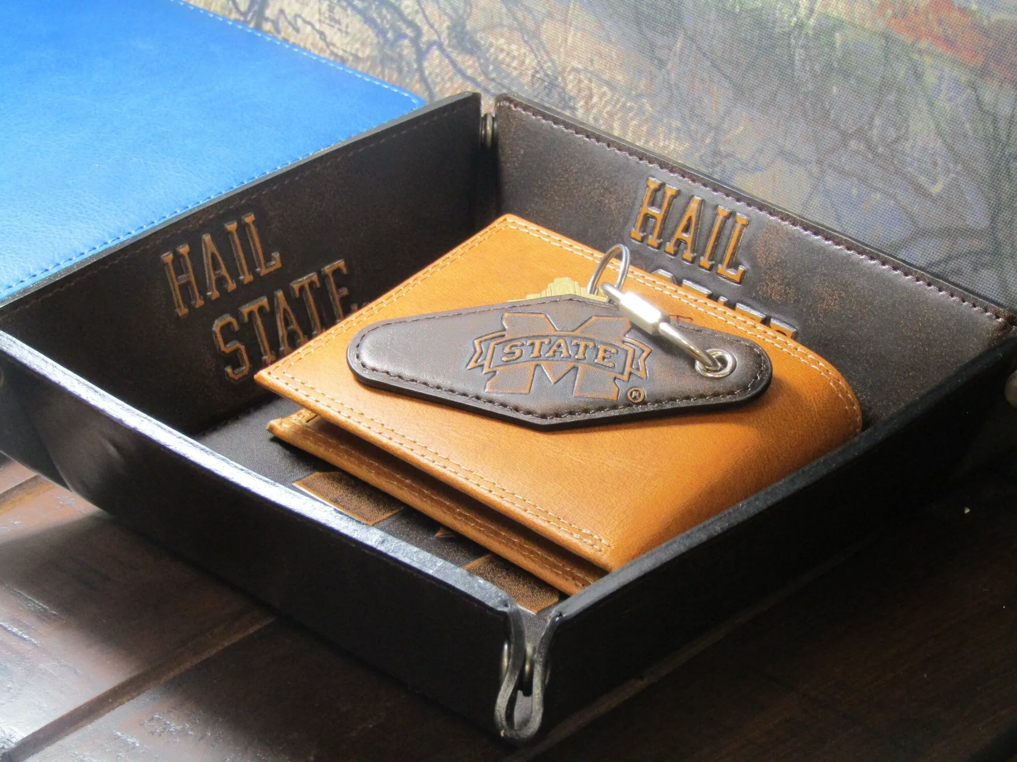 Mississippi State Collegiate Vintage Full Grain Leather Key Fob. Brown Burnished and Tan Embossed Key Ring.