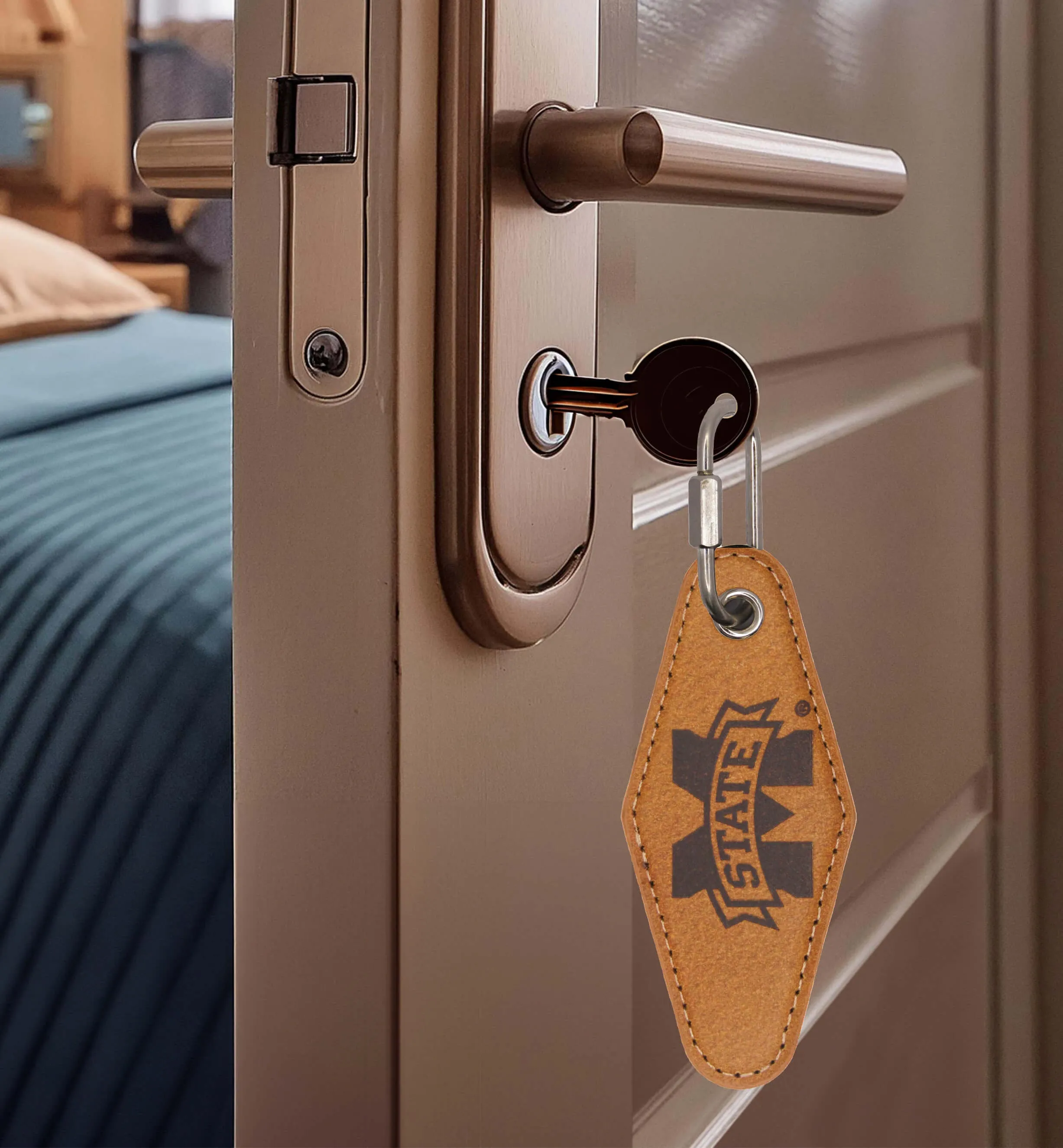 Mississippi State Collegiate Vintage Full Grain Leather Key Fob. Brown Burnished and Tan Embossed Key Ring.