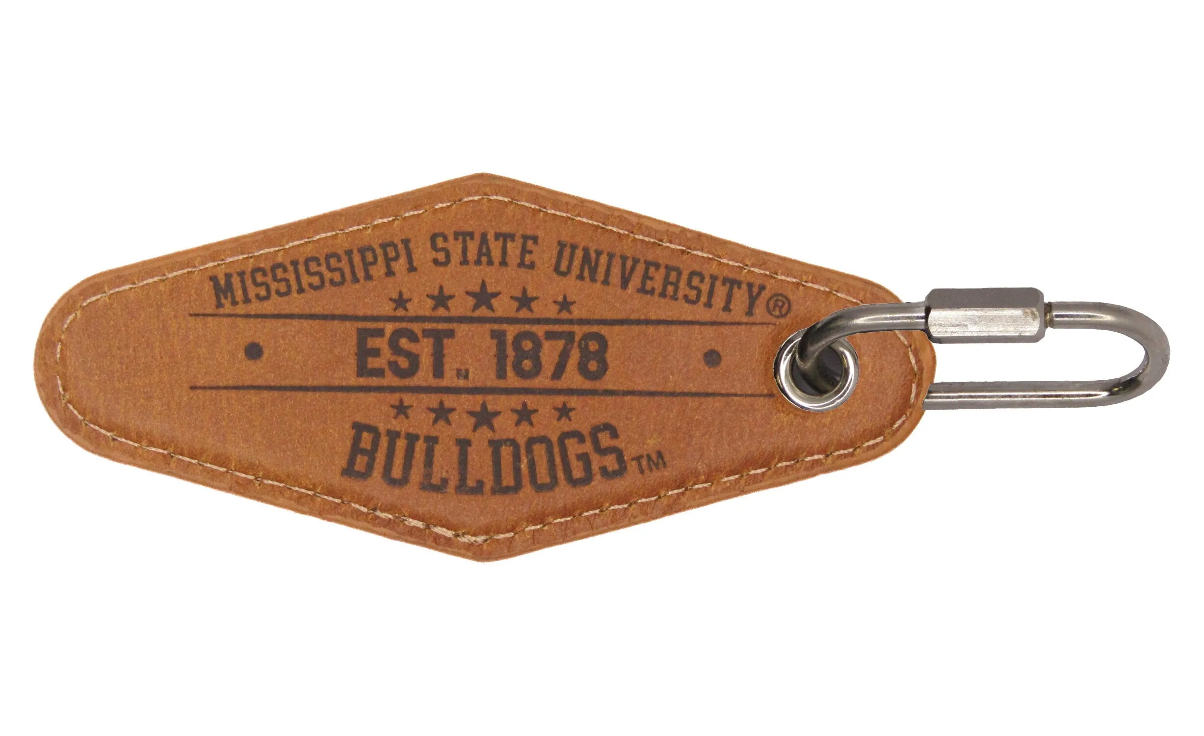 Mississippi State Collegiate Vintage Full Grain Leather Key Fob. Brown Burnished and Tan Embossed Key Ring.