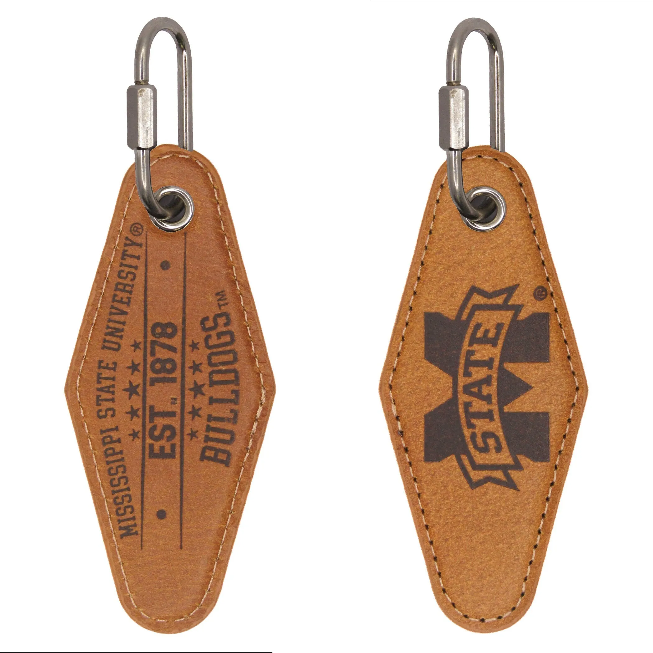 Mississippi State Collegiate Vintage Full Grain Leather Key Fob. Brown Burnished and Tan Embossed Key Ring.