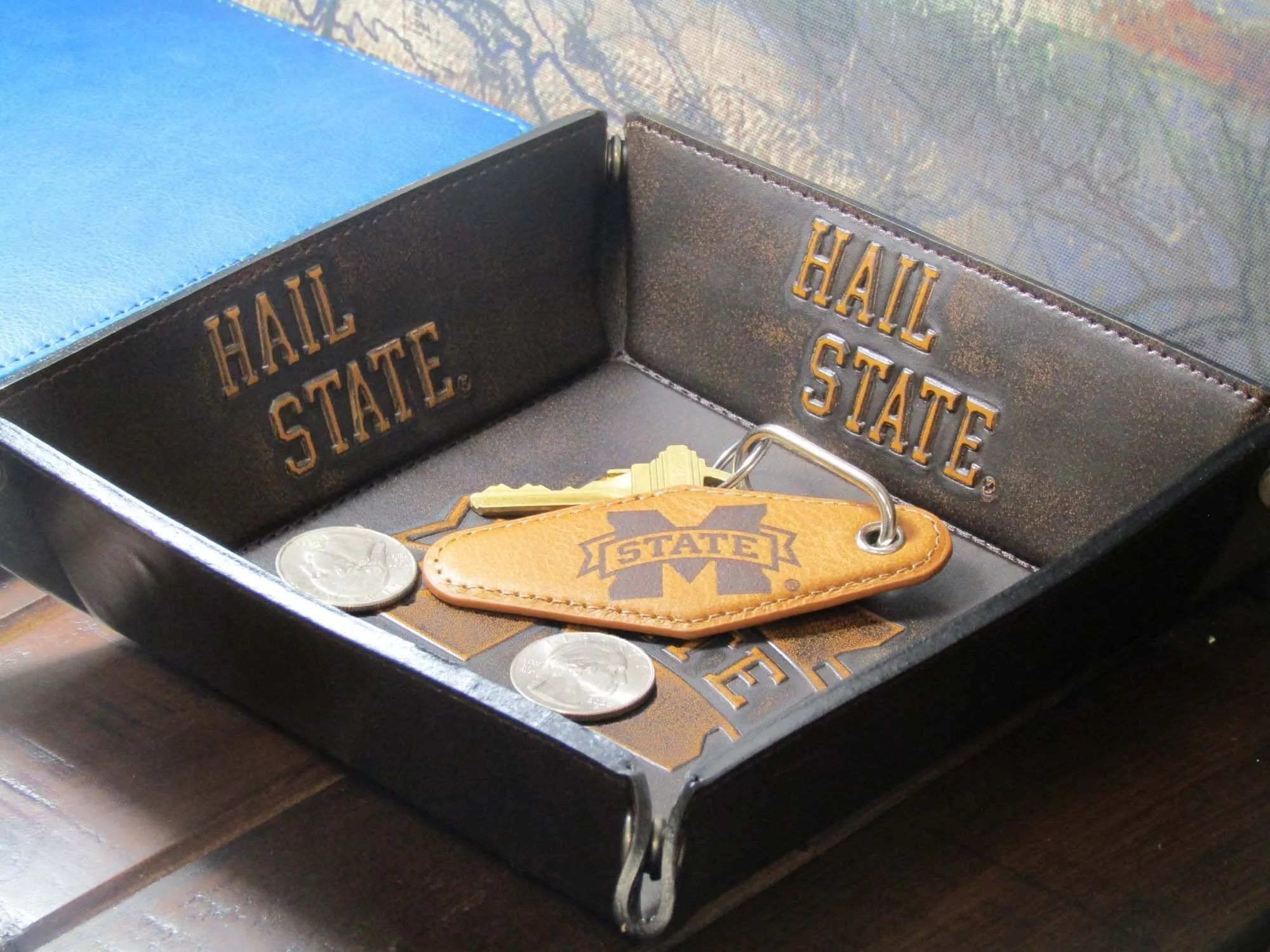 Mississippi State Collegiate Vintage Full Grain Leather Key Fob. Brown Burnished and Tan Embossed Key Ring.