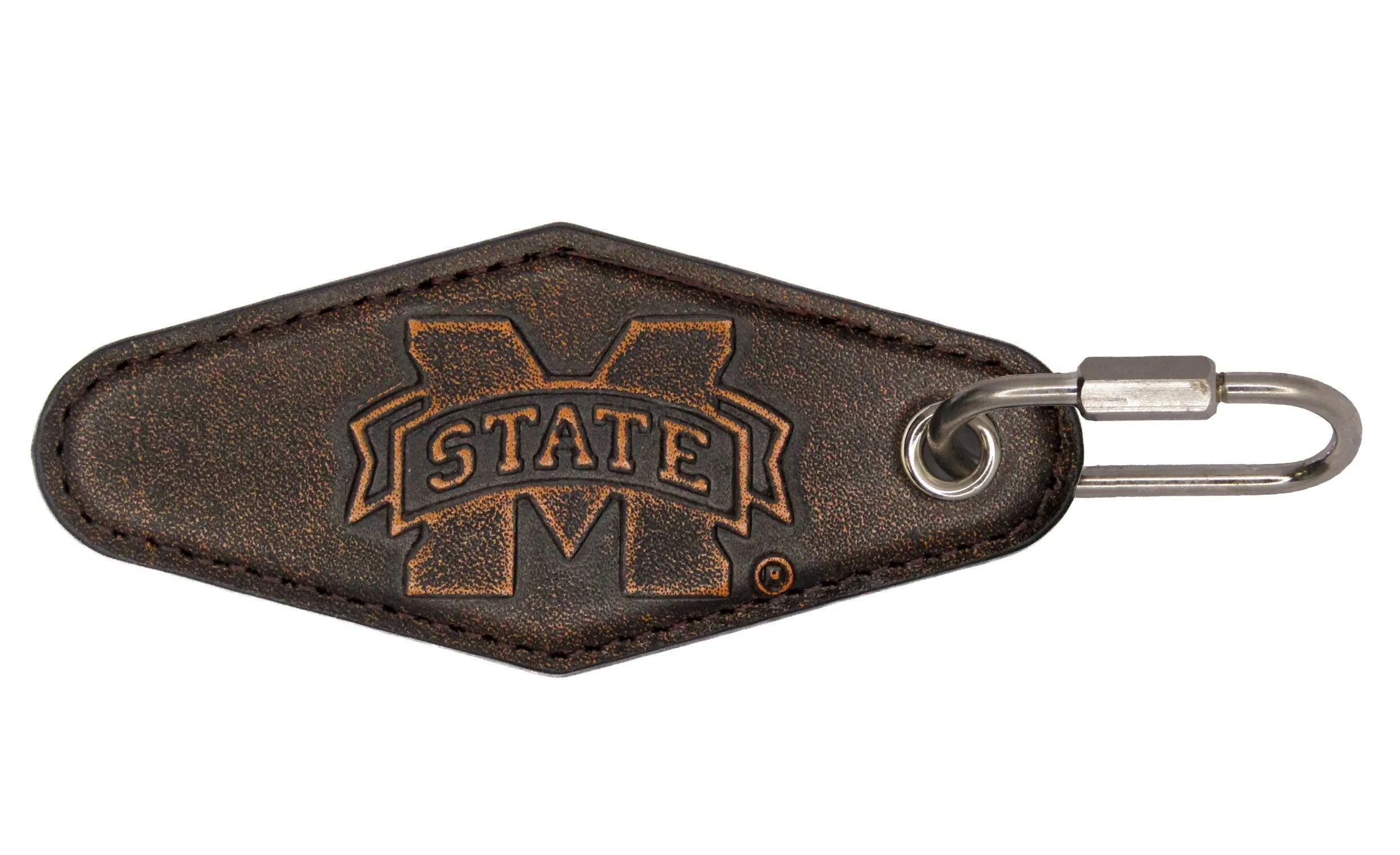 Mississippi State Collegiate Vintage Full Grain Leather Key Fob. Brown Burnished and Tan Embossed Key Ring.