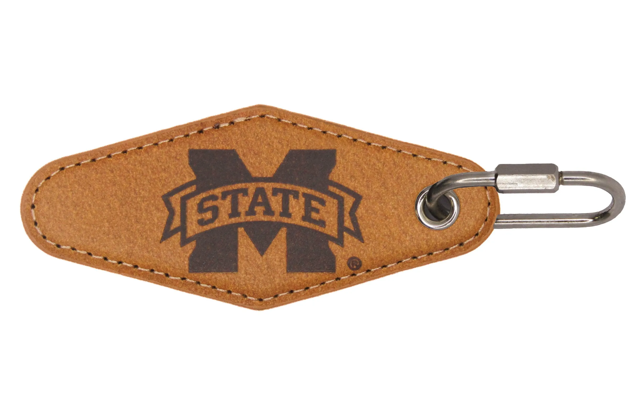 Mississippi State Collegiate Vintage Full Grain Leather Key Fob. Brown Burnished and Tan Embossed Key Ring.