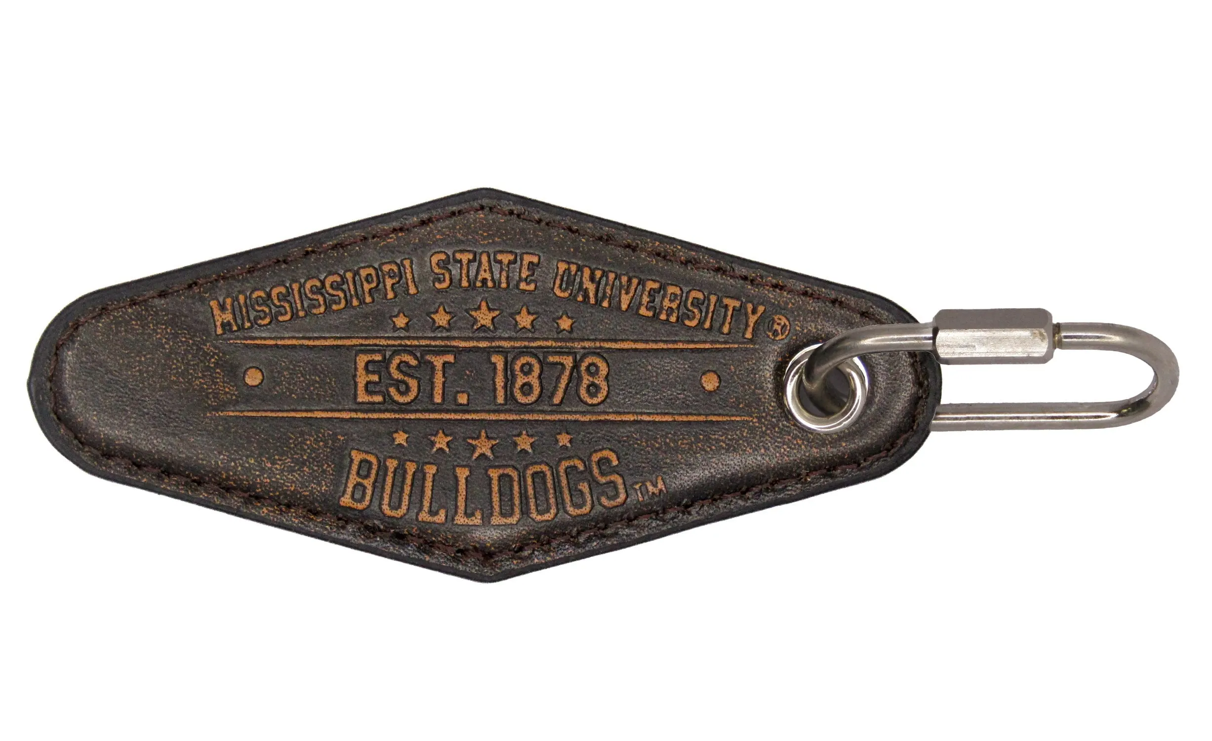 Mississippi State Collegiate Vintage Full Grain Leather Key Fob. Brown Burnished and Tan Embossed Key Ring.