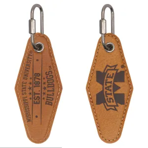 Mississippi State Collegiate Vintage Full Grain Leather Key Fob. Brown Burnished and Tan Embossed Key Ring.