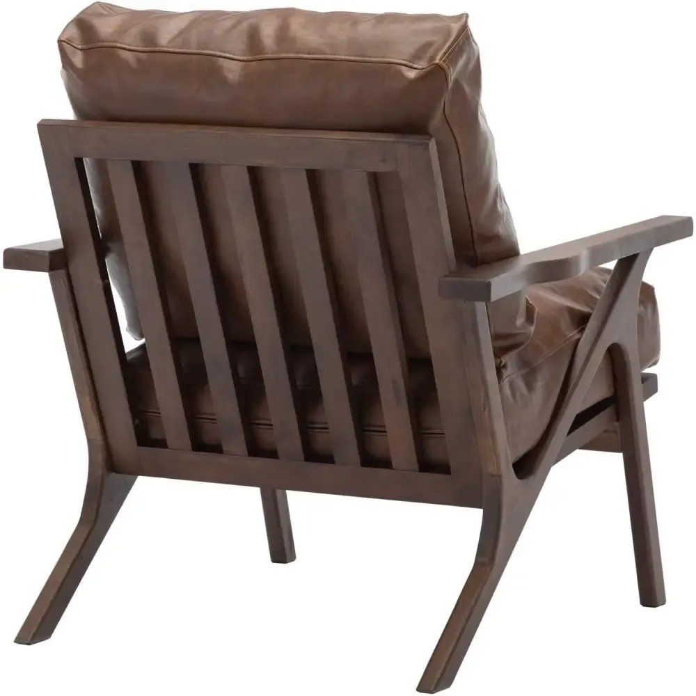 Modern Brown Leather Accent Chair with Wooden Frame