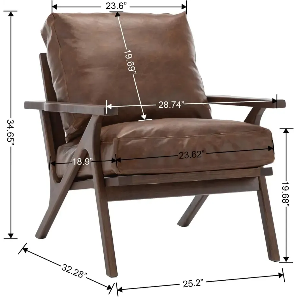 Modern Brown Leather Accent Chair with Wooden Frame