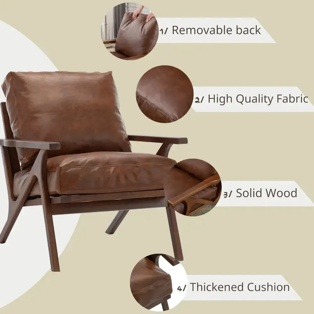 Modern Brown Leather Accent Chair with Wooden Frame