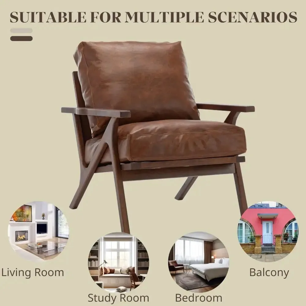 Modern Brown Leather Accent Chair with Wooden Frame