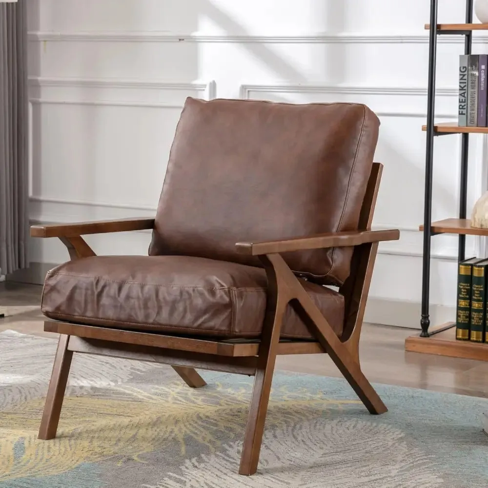 Modern Brown Leather Accent Chair with Wooden Frame