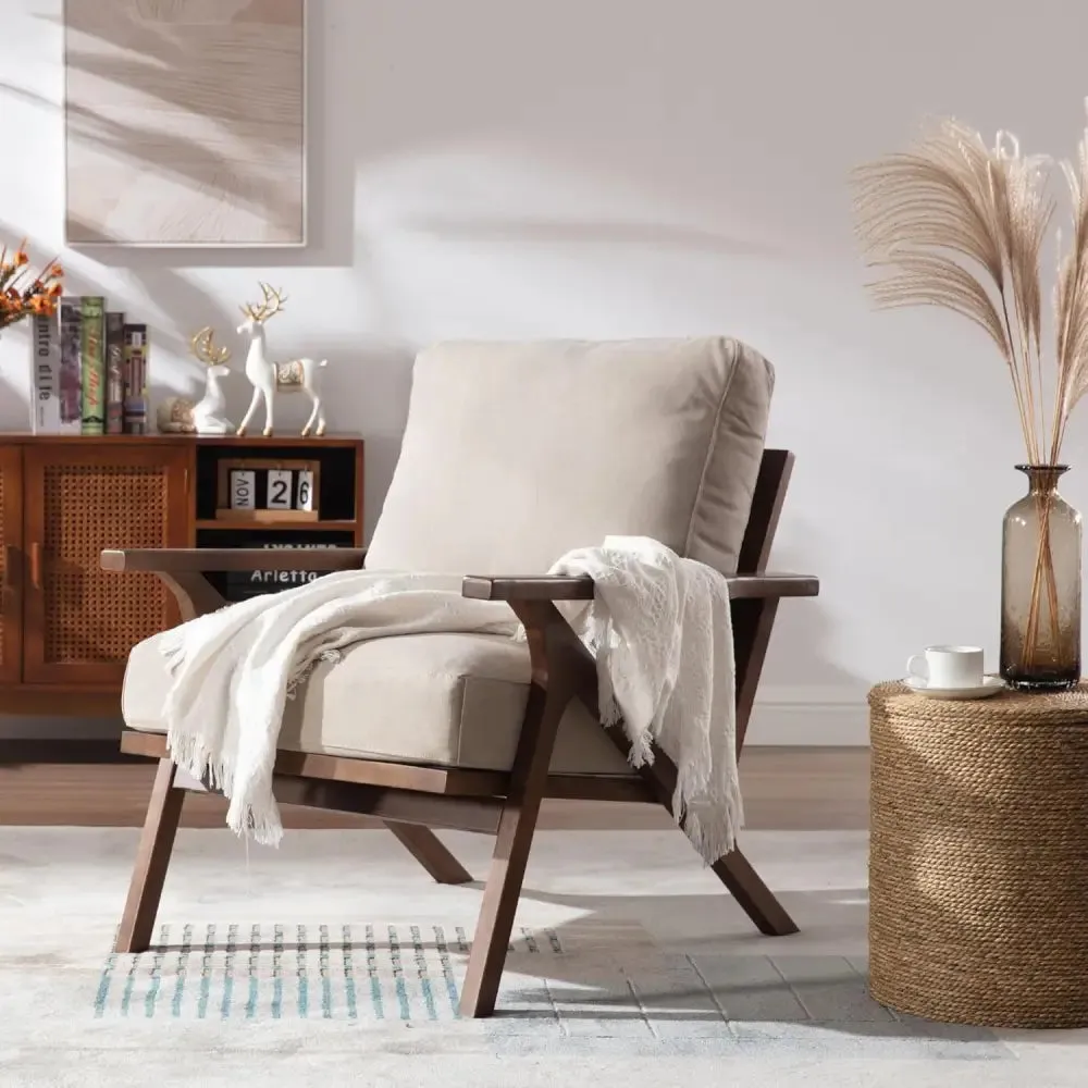 Modern Brown Leather Accent Chair with Wooden Frame