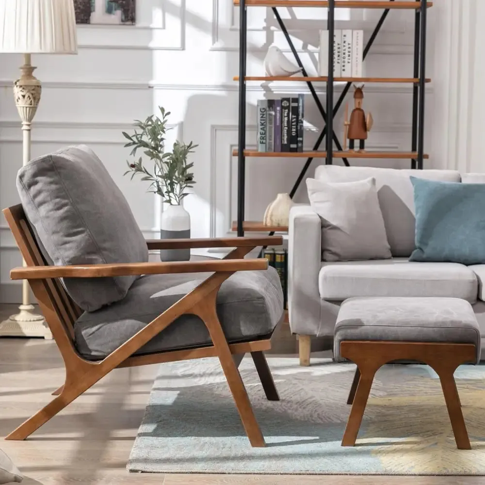 Modern Brown Leather Accent Chair with Wooden Frame