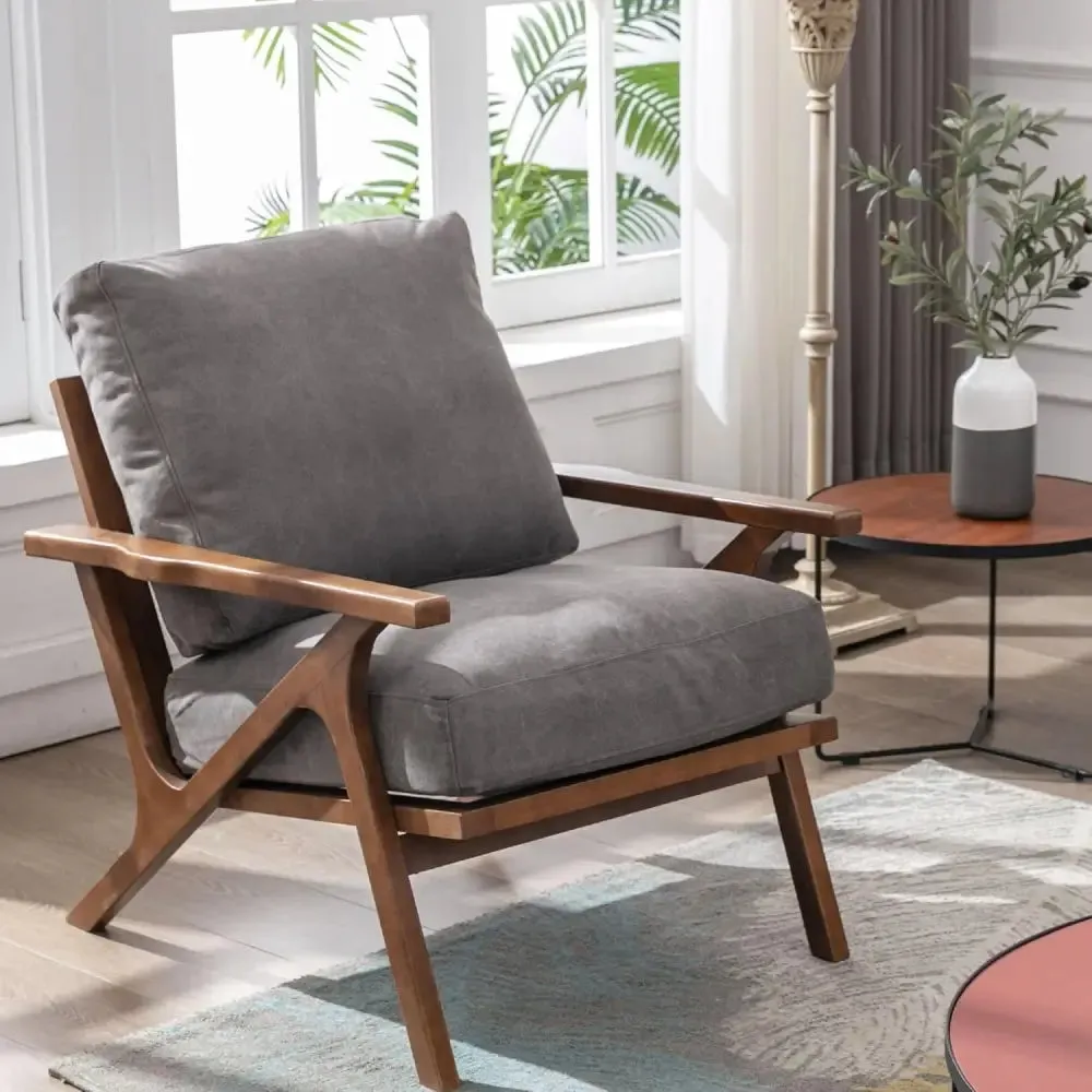 Modern Brown Leather Accent Chair with Wooden Frame
