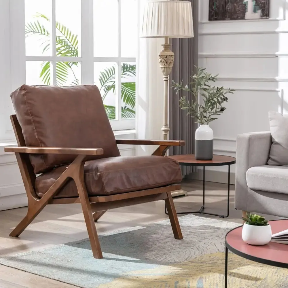 Modern Brown Leather Accent Chair with Wooden Frame