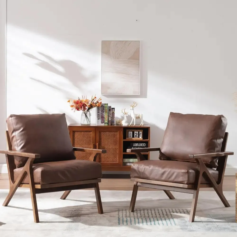 Modern Brown Leather Accent Chair with Wooden Frame