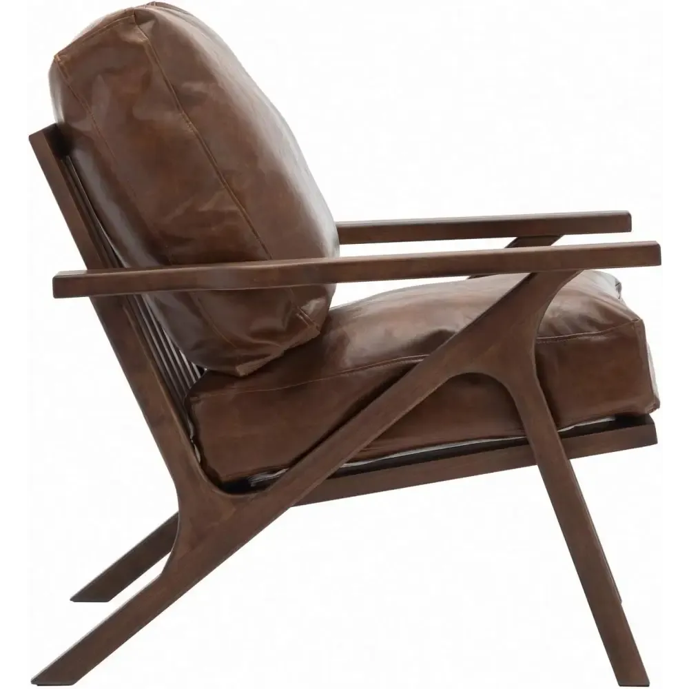 Modern Brown Leather Accent Chair with Wooden Frame