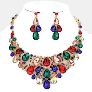 Multi-Color Crystal Teardrop Cluster Pageant Necklace  | Statement Necklace | 560927