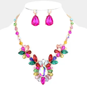 Multi-Color Crystal Teardrop Stone Cluster Pageant Necklace | Prom Necklace | 554704